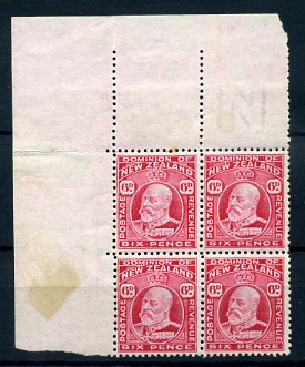 New Zealand 1909 Edwards 6d red cnr selv blk 4, rare perf 14 X 13 1/4